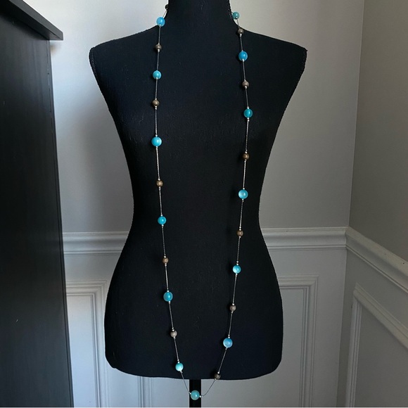 Silver Tone Blue & Wooden Beaded Very Long Necklace - Picture 2 of 4